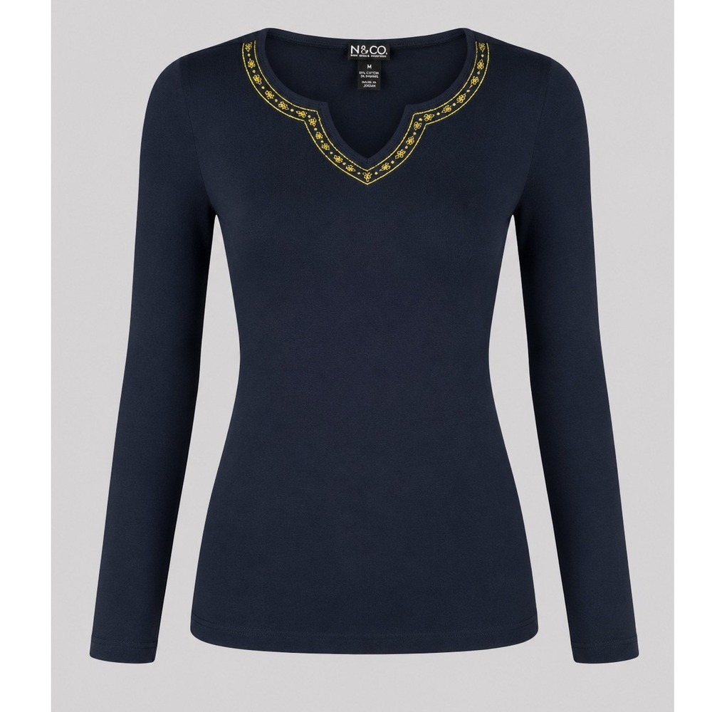 Vintage NY&Co Navy Embroidered Long Sleeve Knit Top Womens Small Y2K Boho NWT